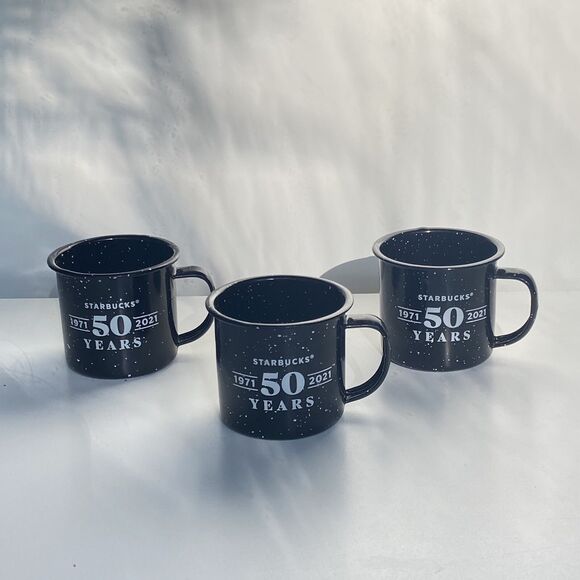 Set of 3 Starbucks 50 Years Black Mini 3 oz Tin Mugs 50th Anniversary 1971-2021 - Picture 1 of 4